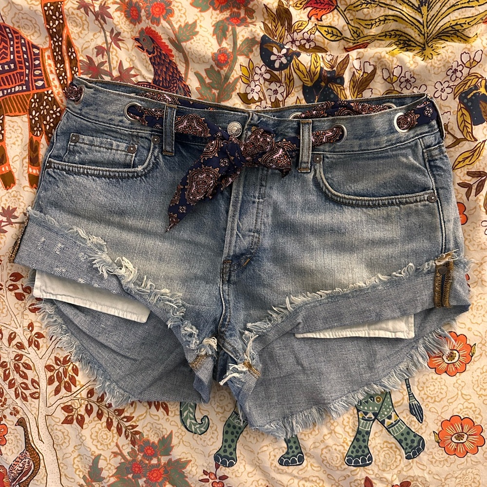 Free People Blue Distressed Jean Shorts with Paisley Accent